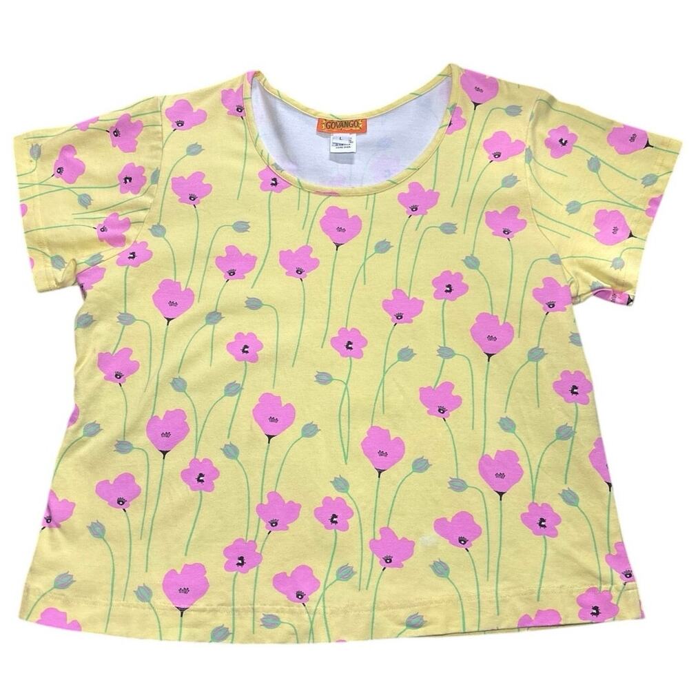 Vintage GOVANGO Yellow All Over Pink Poppy Print Tshirt Large